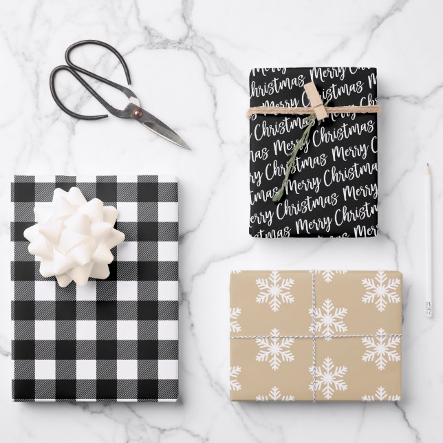 Cozy Black White Buffalo Plaid Merry Christmas Wrapping Paper Sheets (Front)