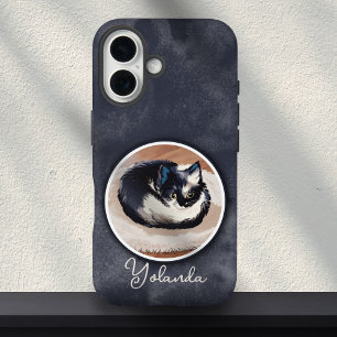 Cozy Black White Sleeping Cat Art Custom Name iPhone 16 Case