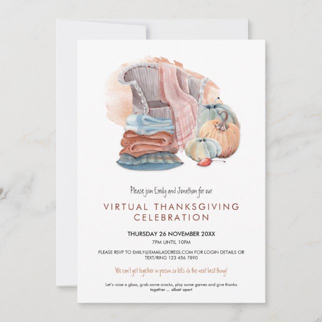 Cozy Blankets Pumpkins Virtual Thanksgiving Party Invitation (Front)