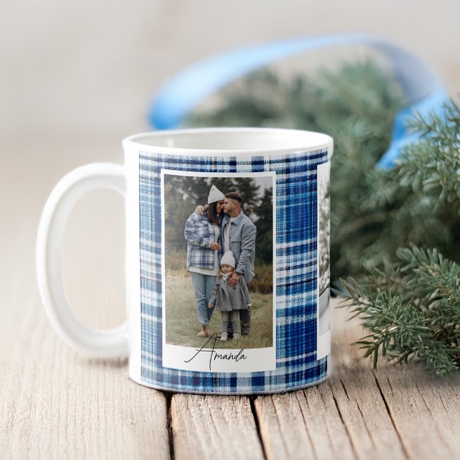 Cozy Blue and Navy Plaid Flannel Family Photo Coffee Mug (Cozy Blue and Navy Plaid Flannel Family Photo Coffee Mug)