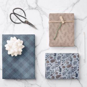 Cozy Blue and Tan Plaid Pine Cones and Home Wrappi Wrapping Paper Sheets