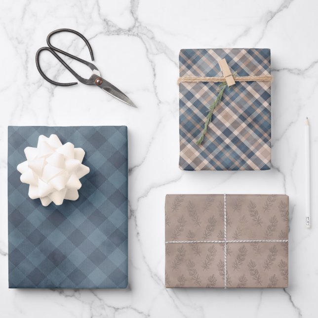 Cozy Blue and Tan Plaid Pine Cones and Home Wrappi Wrapping Paper Sheets (Front)