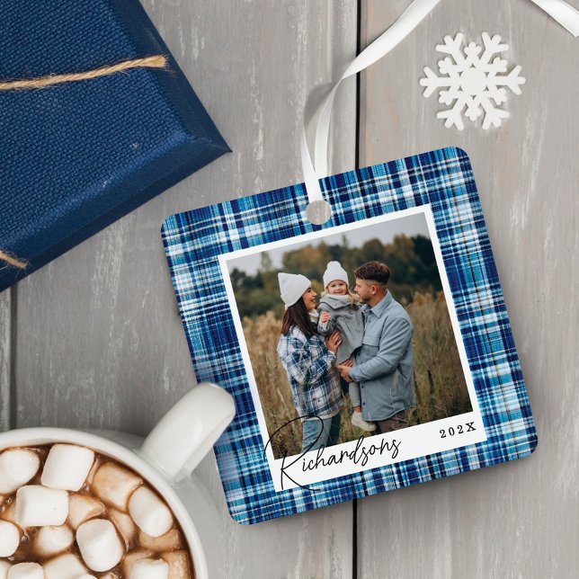 Cozy blue and White Plaid fabric Family Photo Metal Ornament (Cozy blue and White Plaid fabric Family Photo Metal Ornament)