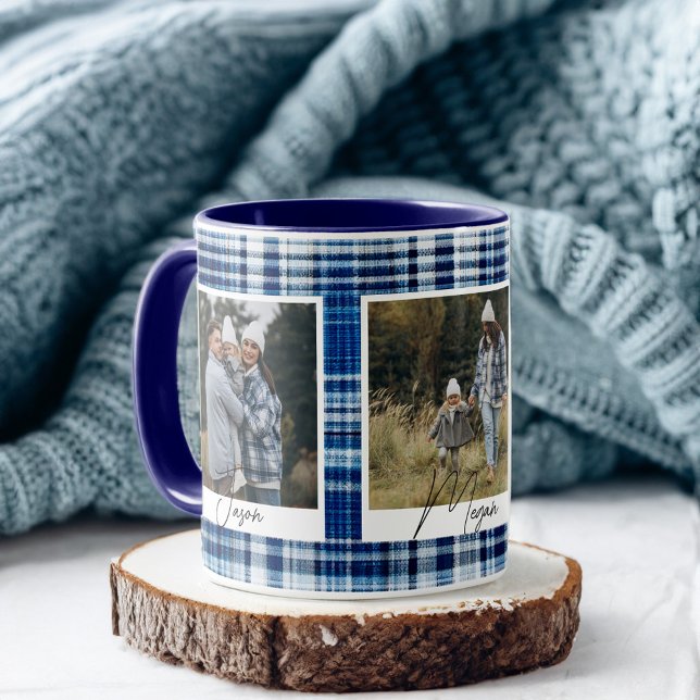 Cozy Blue and White Plaid fabric Family Photos Mug (Cozy Blue and White Plaid fabric Family Photos Mug)