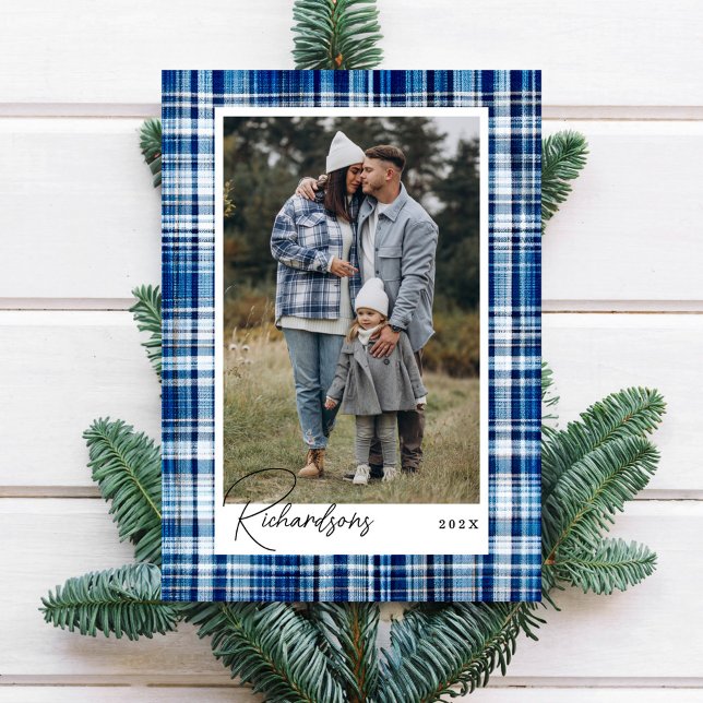 Cozy Blue and White Plaid Flannel Family Photo Holiday Card (Cozy Blue and White Plaid Flannel Family Photo Holiday Card)