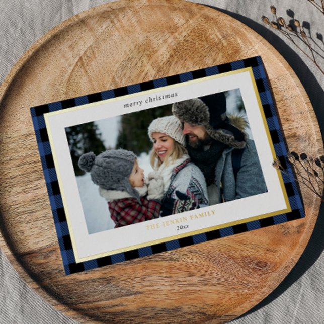 Cozy Blue Black Plaid Border 3 Photos Christmas Foil Holiday Card (Creator Uploaded)