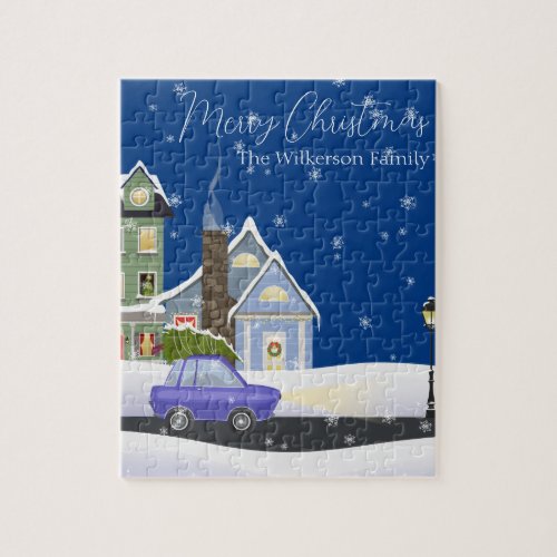 Cozy Blue Christmas Night in a Snowy Village  Jigsaw Puzzle