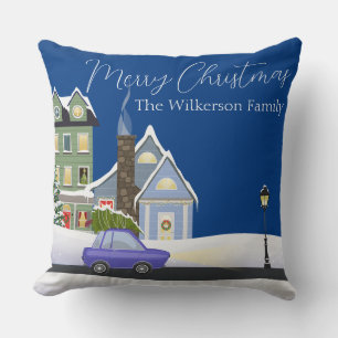 Cozy Blue Christmas Night in the Village Throw Pillow