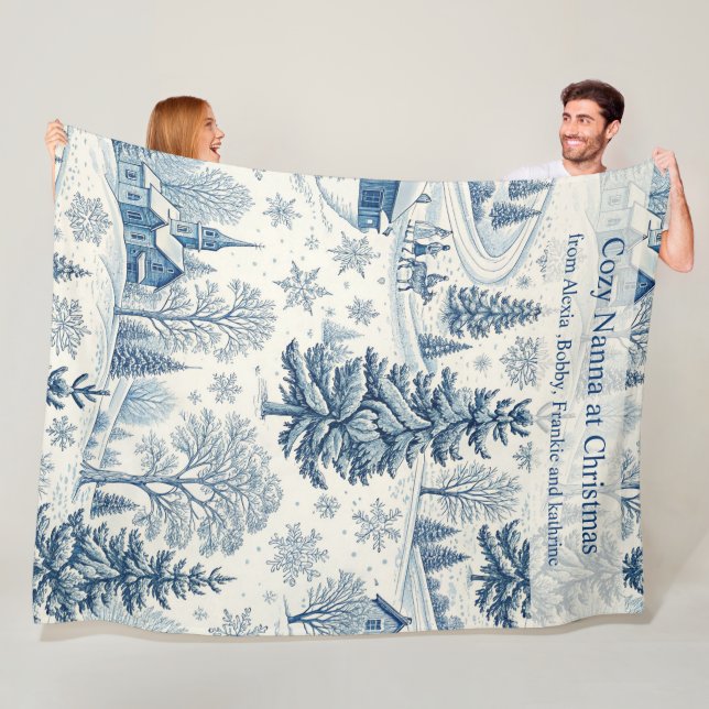 Cozy Blue Christmas Winter Scene Design Fleece Blanket (In Situ)