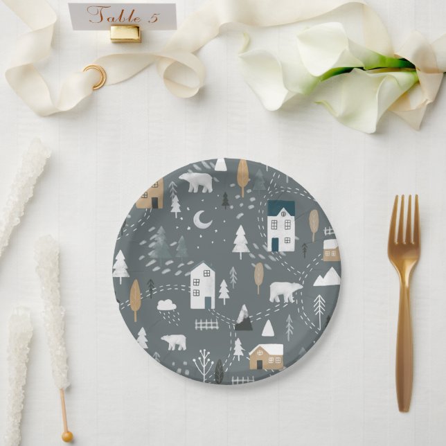 Cozy blue grey winter in nordic village paper plates (Wedding)