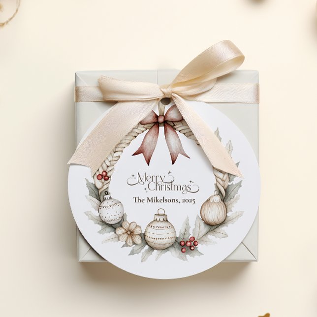 Cozy Blue Rustic Christmas Wreath Classic Round Sticker (Creator Uploaded)