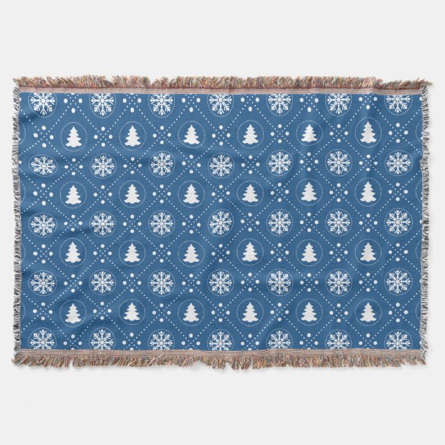 Cozy Blue White Snowflakes Christmas Trees Design Throw Blanket (Front)