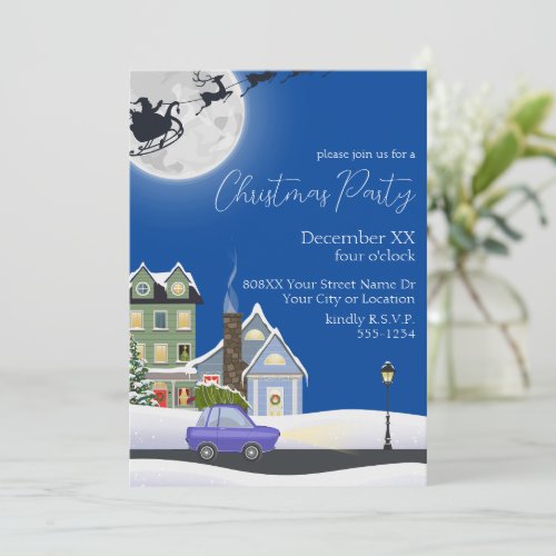 Cozy Blue Winter Night Village Christmas Party Invitation