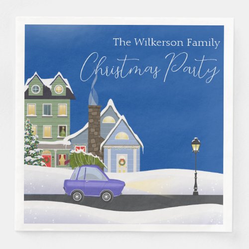 Cozy Blue Winter Night Village Christmas Party Paper Dinner Napkins