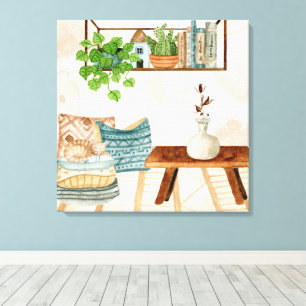 Cozy Bohemian Living Room Watercolor Art Canvas Print