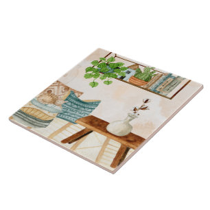 Cozy Bohemian Living Room Watercolor Art Ceramic Tile