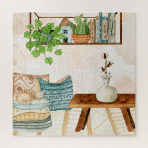 Cozy Bohemian Living Room Watercolor Art Jigsaw Puzzle