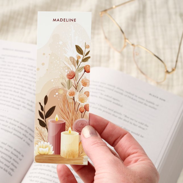 Cozy Boho Candles Floral Neutral Personalized Bookmarks (Hand)