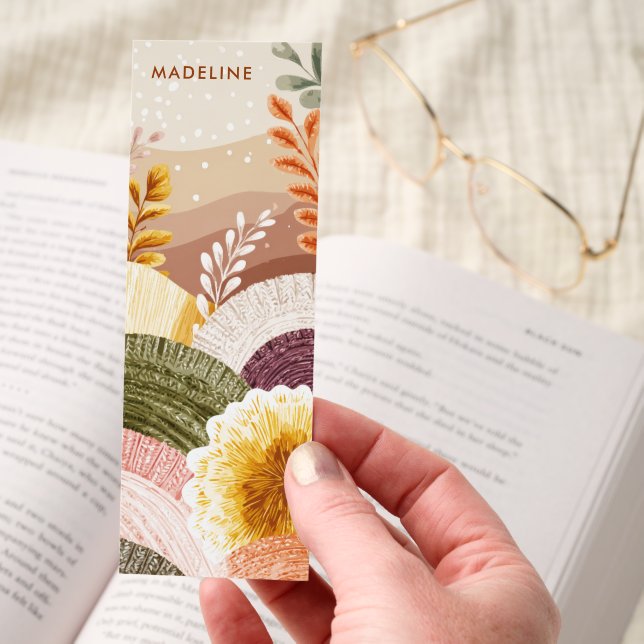 Cozy Boho Floral Landscape Earthy Personalized Bookmarks (Hand)