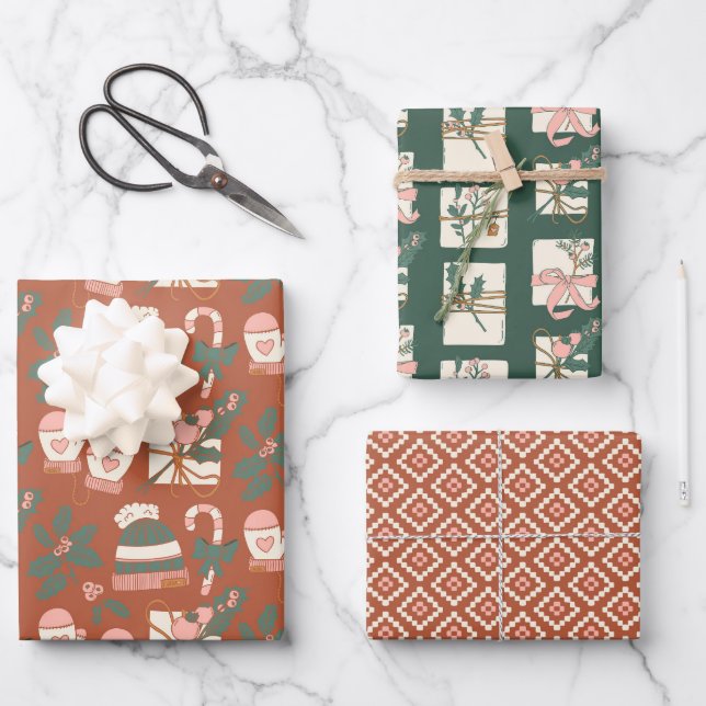 Cozy Boho Pink, Green & Clay Holiday Wrapping Paper Sheets (Front)