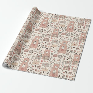 Cozy Boho Teddy Bear Pattern Wrapping Paper