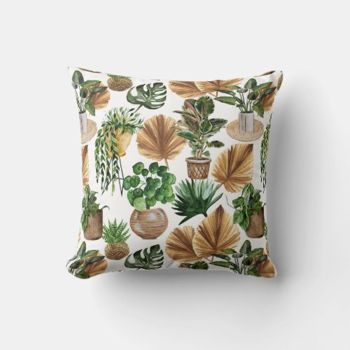 Cozy Boho Watercolor Pattern Indoor House Plants Throw Pillow