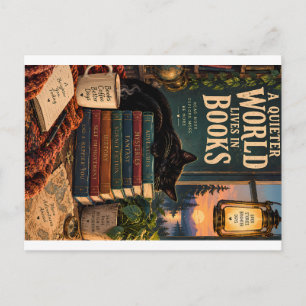 Cozy Book Nook Illustration with Sleeping Cat and Holiday Postcard