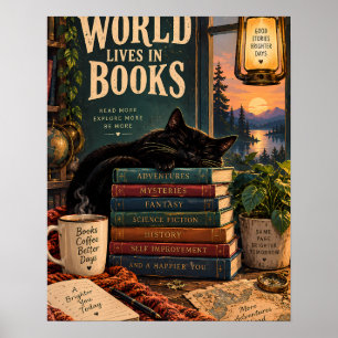 Cozy Book Nook Illustration with Sleeping Cat and Poster