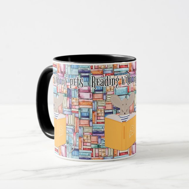 Cozy Book Reading with Pets and Coffee Vibes Mug (Front Left)