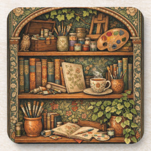 Cozy book shelf books artist supplies coffee beverage coaster