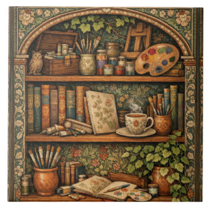 Cozy book shelf books artist supplies coffee ceramic tile