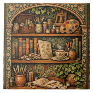 Cozy book shelf books artist supplies coffee ceramic tile