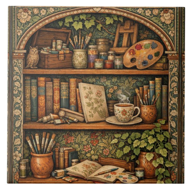 Cozy book shelf books artist supplies coffee ceramic tile (Front)