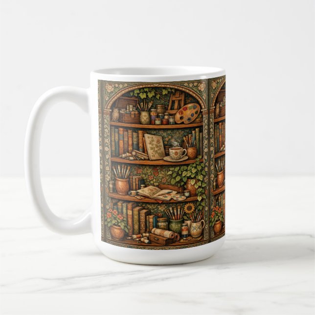 Cozy book shelf books artist supplies coffee mug (Left)