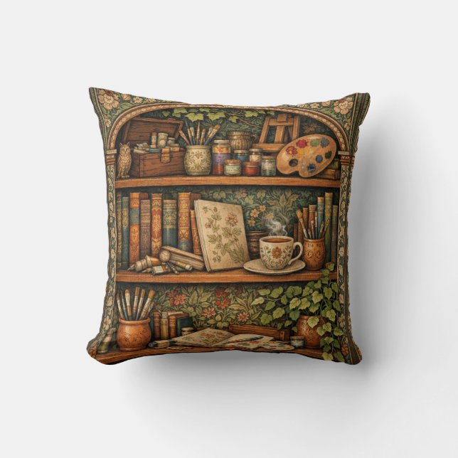 Cozy book shelf books artist supplies coffee throw pillow (Front)