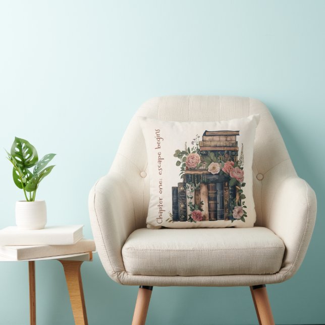 Cozy Book Stack & Soft Floral Accent for Book Love Throw Pillow (Chair)