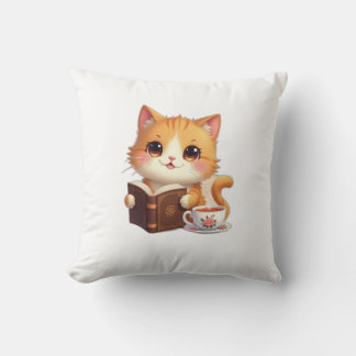 Cozy Bookish Cat Throw Pillow – Cute Tea & Reading