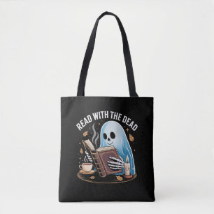 Cozy Bookish Halloween Ghost Skeleton Reading Tote Bag