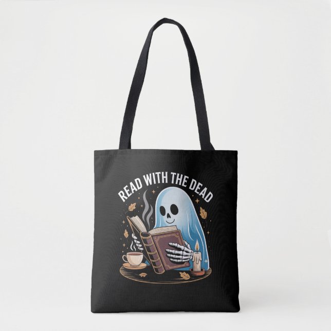 Cozy Bookish Halloween Ghost Skeleton Reading Tote Bag (Front)