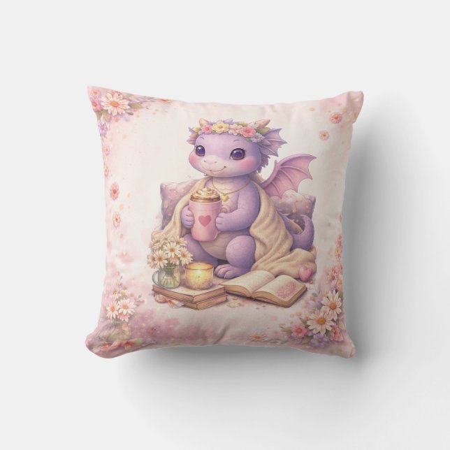Cozy Bookish Mom Dragon Coffee Throw Pillow (Front)