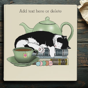 Cozy Books Cat Tuxedo Tea Cute Green Teapot Reader 3 Ring Binder