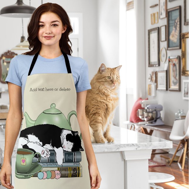 Cozy Books Cat Tuxedo Tea Cute Green Teapot Reader Apron (Creator Uploaded)