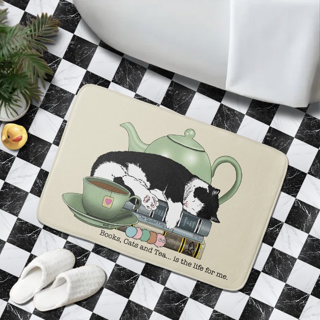 Cozy Books Cat Tuxedo Tea Cute Green Teapot Reader Bath Mat (Creator Uploaded)