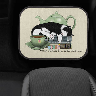 Cozy Books Cat Tuxedo Tea Cute Green Teapot Reader Car Floor Mat