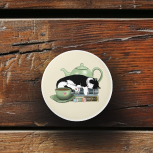 Cozy Books Cat Tuxedo Tea Cute Green Teapot Reader Ceramic Knob