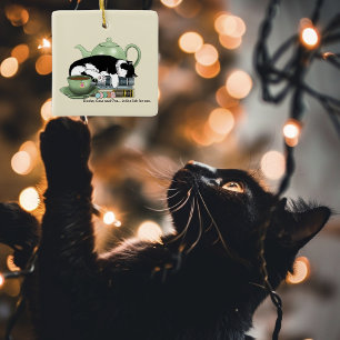 Cozy Books Cat Tuxedo Tea Cute Green Teapot Reader Ceramic Ornament