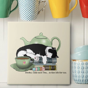 Cozy Books Cat Tuxedo Tea Cute Green Teapot Reader Ceramic Tile