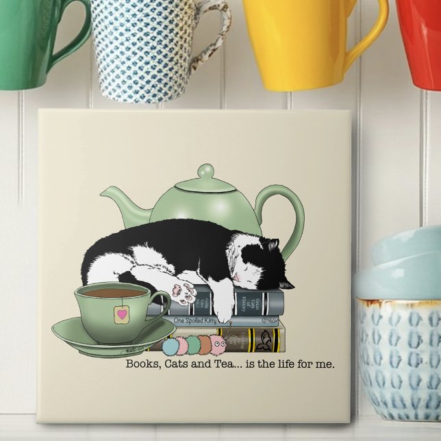 Cozy Books Cat Tuxedo Tea Cute Green Teapot Reader Ceramic Tile (Creator Uploaded)