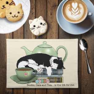 Cozy Books Cat Tuxedo Tea Cute Green Teapot Reader Cloth Placemat