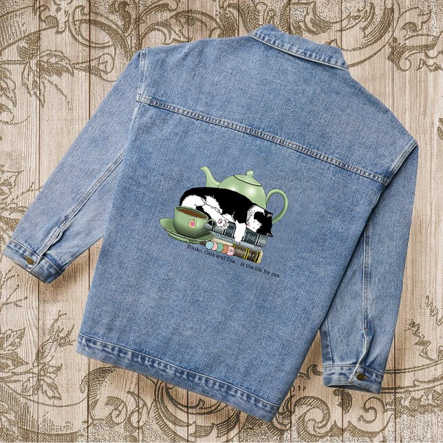 Cozy Books Cat Tuxedo Tea Cute Green Teapot Reader Denim Jacket (Creator Uploaded)